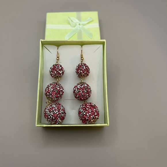 5230-PTT Boho SILVER/PINK CRYSTAL trim gold textured Balls Dangle Stud Earrings - Picture 6 of 9